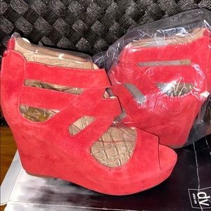 Red suede wedge heels